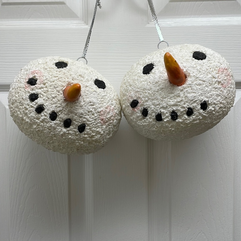 GIANT SNOWMAN HEAD CHRISTMAS ORNAMENTS. 2 TOTAL.